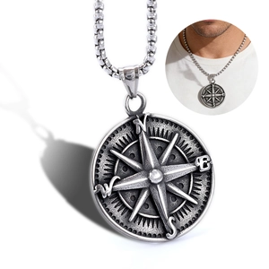 Vintage Stainless Steel Compass Pendant Necklace For Men Round Nautical Punk Style Jewelry