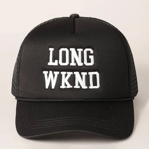 Detailed embroidery of LONG WKND text on a black mesh trucker hat with decorative rope