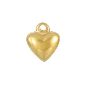 Polished golden heart-shaped stainless steel pendant with top loop on white background