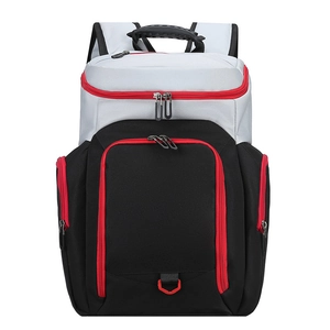Front view of grey and black outdoor basketball backpack with striking red zippers