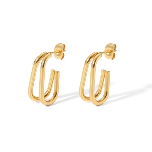 Detail shot of double-layered 18k gold plated stainless steel U-shaped hoop earrings