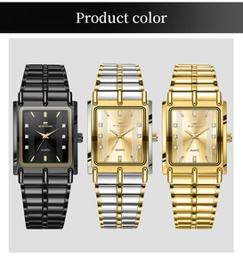 Trois montres à quartz pour hommes avec cadrans carrés en noir-or, argent-or et doré
