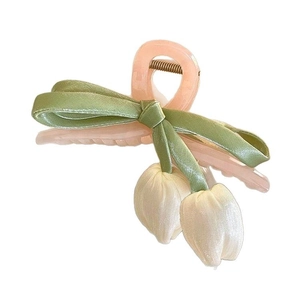 Pink tulip flower hair claw clip with silk ribbon bow and pearly white floral charms