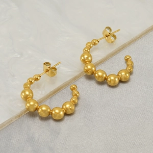 Gradient Bead C Shaped Hoop Earrings 18K Gold Plated Stainless Steel Polished Round Ball Stud Earrings For Women Vintage Style