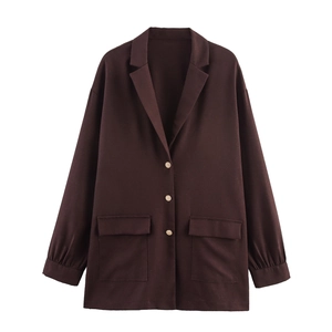 Women Loose Blazer Jacket Single Breasted Three Buttons Lapel British Style Casual Chestnut Outerwear With Flap Pockets