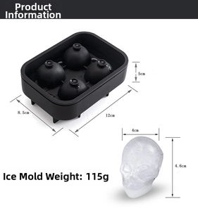 Detail of 4-cavity black skull silicone ice mold showing dimensions and finished ice cubes