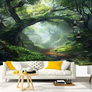Detail of enchanted forest tapestry showing lush trees and a sunlit path in a living room