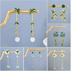 Bamboo Leaf Tassel Earrings Zinc Alloy Resin Enamel Vintage New Chinese Style Jewelry With Stainless Steel Earring Post