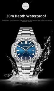 Diamond-set men's square watch with blue dial shown with dynamic water splash effect