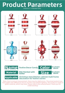 Size chart showing various PVC glitter candy ornaments with 15cm and 20cm dimensions