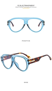 Detail view of C8 blue oversized aviator frames with tortoiseshell textured temples