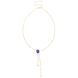 Elegant gold chain necklace featuring a blue square gemstone pendant with stylish double tassels