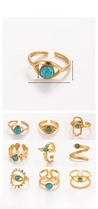 Detailed view of gold plated stainless steel rings with turquoise and size measurements