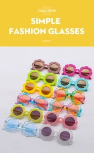 Collection of 12 colorful sunflower-shaped round frame sunglasses for kids and babies