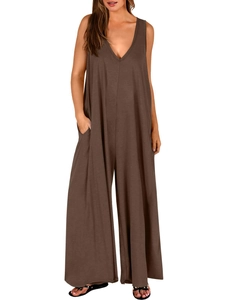 Detailed close-up of brown sleeveless V-neck wide-leg jumpsuit with functional pockets