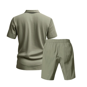 Detail of sage green men's linen-texture polo and shorts set with fine striped fabric