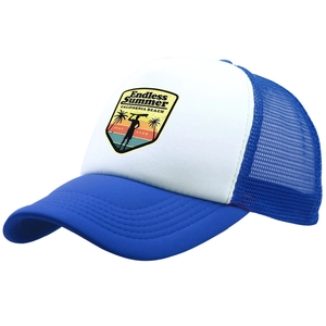 Blue and white mesh trucker hat featuring Endless Summer California Beach surf print