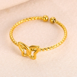 Golden butterfly open ring with twisted band design in minimalist stainless steel style