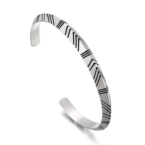 Men's titanium steel open cuff bracelet with vintage geometric arrow pattern on silver finish