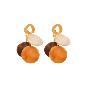 Vintage acrylic tassel drop earrings with geometric amber resin circles and gold accents