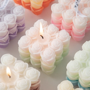 Handmade Rose Flower Cube Scented Candle Soy Wax Blend Aesthetic Gradient Colors For Home Decor Wedding Gift Photography Props