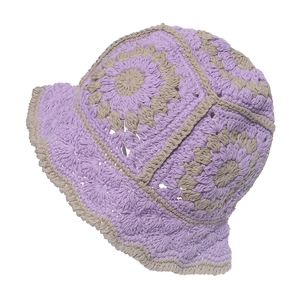 Handmade crochet bucket hat with vintage floral patterns in purple and beige knit