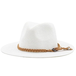 Detail of white woven straw fedora featuring a brown braided rope and silver bead accents