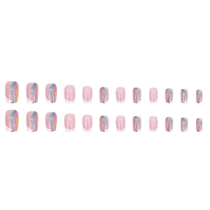 French tip aurora press-on nails with wave graffiti pattern in light pink and blue