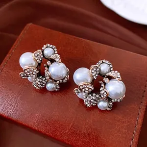 Vintage Orecchini a Bottone Fiore Con Perno in Argento Oro Perla Artificiale Strass Intarsiato Gioielli Donna