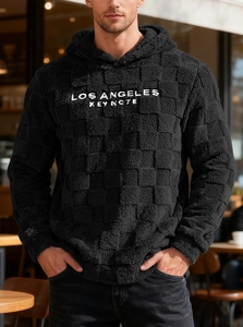 Detail of Los Angeles letter embroidery on black sherpa fleece hoodie for men