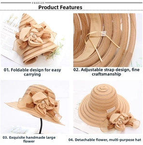 Detail of sun hat showing detachable flower decor and foldable breathable mesh fabric