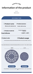 Detail showing silicone trivet specifications including 5.2mm thickness and 230C heat resistance