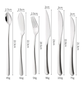 Detailed size chart for stainless steel cutlery set including knife fork and spoon weight