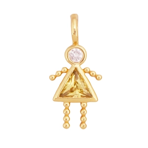 Détail du pendentif fille en laiton plaqué or avec zircons jaunes et blancs