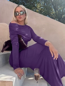 Slim fit deep purple off-shoulder long sleeve maxi dress with pleated details