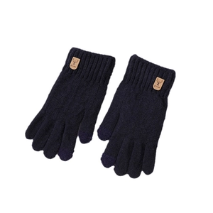 Gants d'hiver en tricot bleu marine tactiles pour hommes et femmes avec patch en cuir