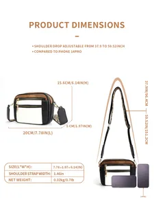 Detailed size guide for multi-colored crossbody bag showing dimensions and adjustable strap