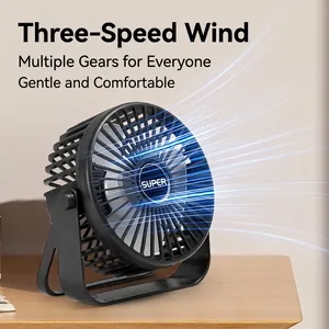 Portable black USB desktop fan with three-speed adjustable airflow on wooden surface
