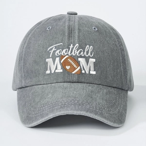 Grey washed denim baseball cap featuring white Football MOM embroidery for outdoor sun protection