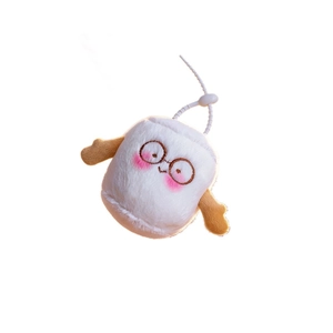 Cute marshmallow plush keychain with glasses and wings on a clean white background