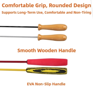 Detail of wooden and EVA foam anti-slip handles for cat teaser wands with metal rods