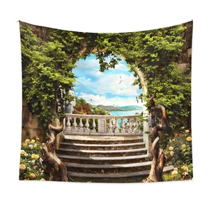Detailed view of Mediterranean garden tapestry with vibrant floral arch and ocean scene