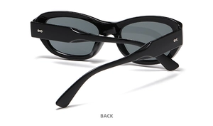 Detail view showing black oval sunglasses interior with silver cross rivets and hinges