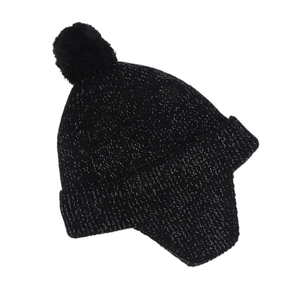 Detail of black knit winter hat with silver lurex thread and large pom-pom on top