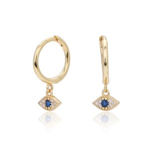 Elegant gold S925 sterling silver evil eye hoop earrings with blue stones on white base