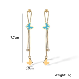 Detailed view of 18K gold plated butterfly tassel earrings showing measurements 7.7cm long