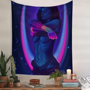 Artistic wall tapestry featuring a modern neon female silhouette silhouette on a white wall