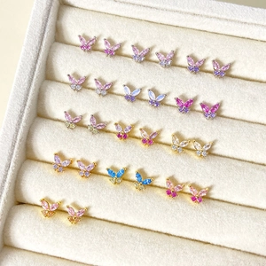 Butterfly Stud Earrings Gold Plated Copper With Colorful Zirconia Tiny Animal Shape Sweet Romantic Jewelry For Women