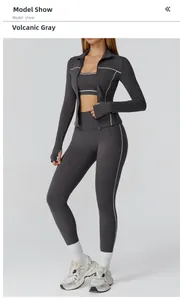 Detailed view of dark grey yoga 3-piece set with contrast stitching on jacket and pants