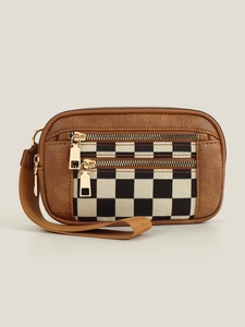 Detailed view of brown PU wristlet pouch with checkered pattern and gold zippers